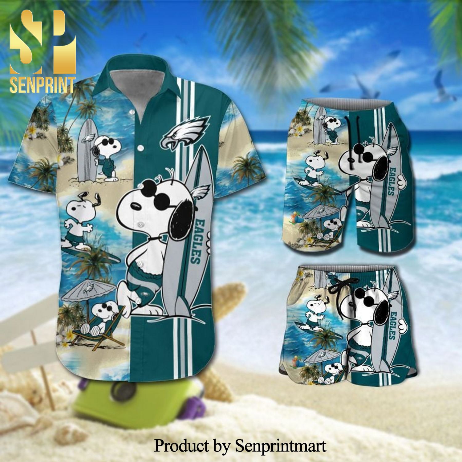 Philadelphia Eagles Snoopy Full Printing Hawaiian Shirt And Beach Shorts