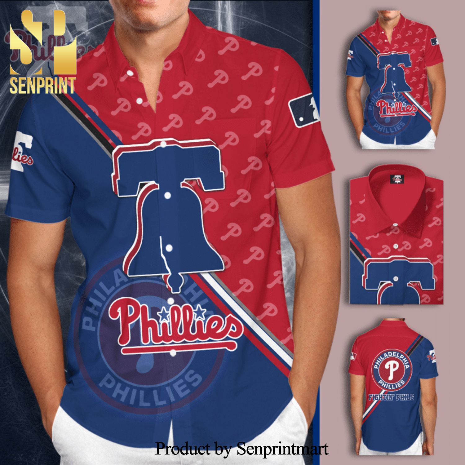 Philadelphia Phillies Full Printing Short Sleeve Dress Shirt Hawaiian Summer Aloha Beach Shirt – Blue Red