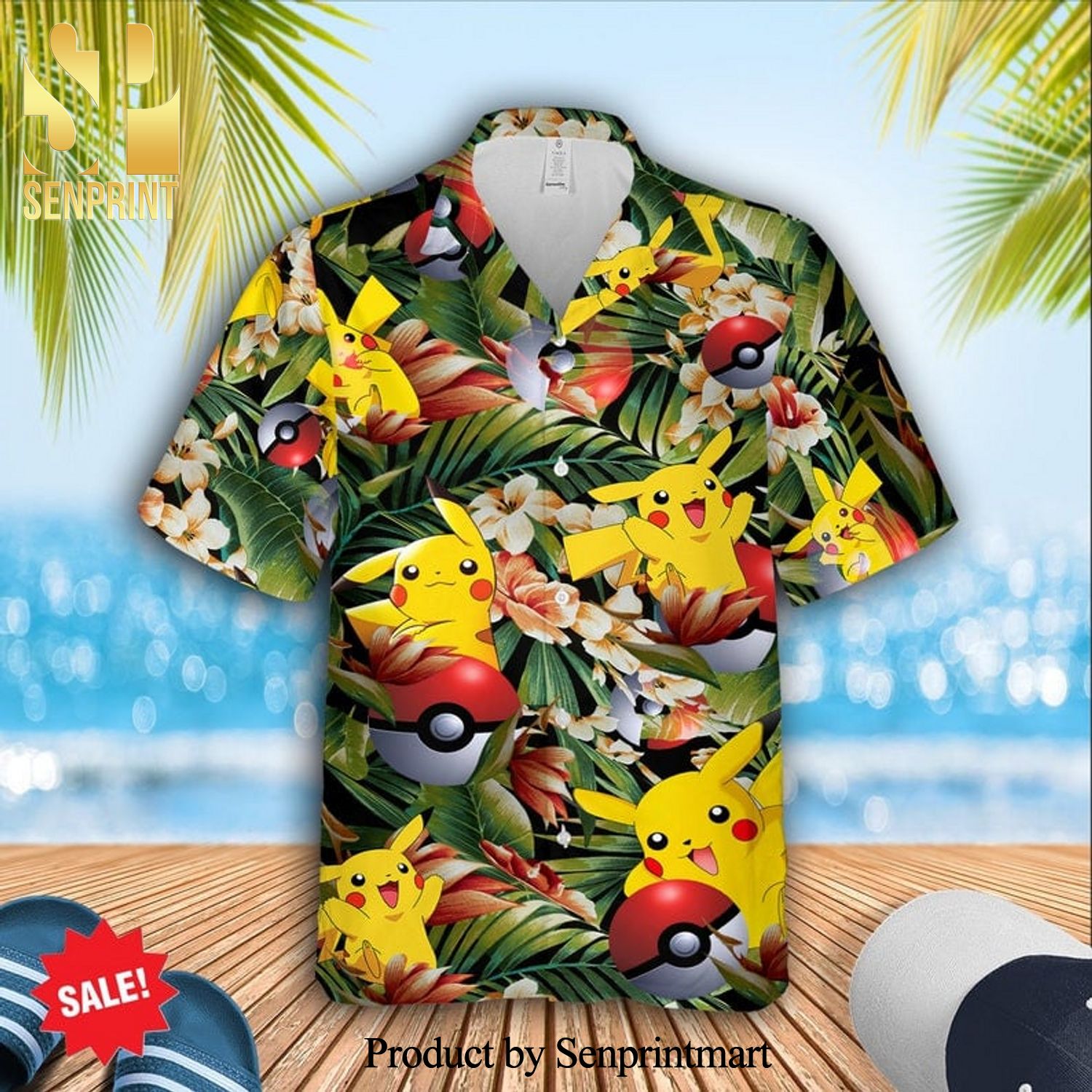 Pikachu Pokemon Pokeball Tropical Forest Full Printing Hawaiian Shirt