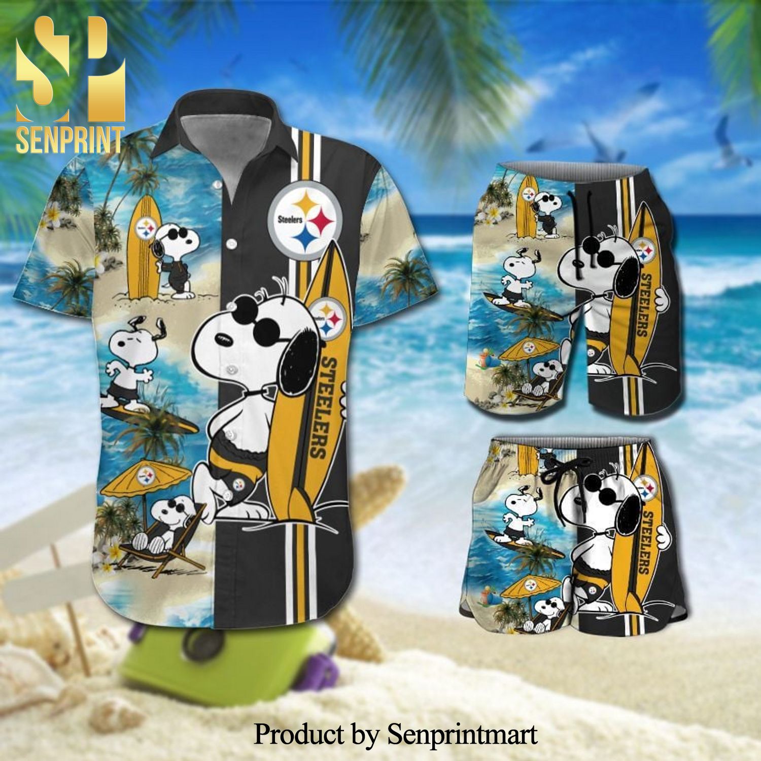 Pittsburgh Steelers Snoopy Surfing On The Beach Full Printing Combo Hawaiian Shirt And Beach Shorts