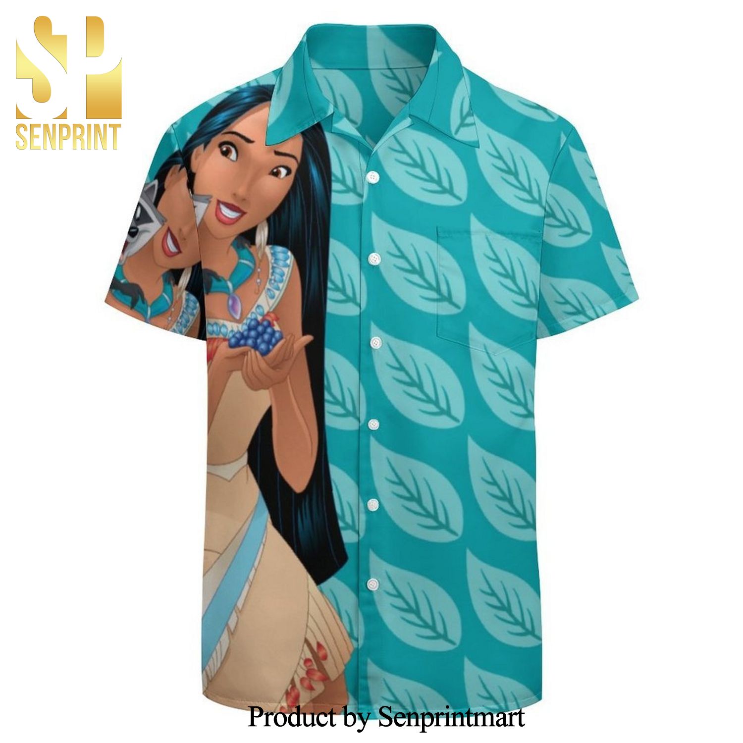 Pocahontas And Meeko Leaf Pattern Full Printing Hawaiian Shirt – Blue