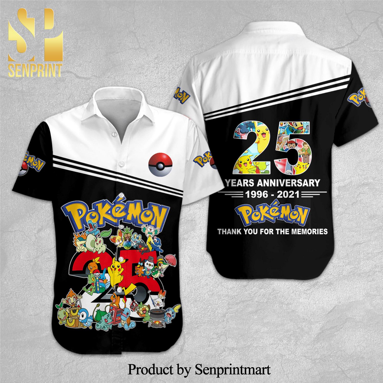 Pokemon 25 Years Anniversary Full Printing Short Sleeve Dress Shirt Hawaiian Summer Aloha Beach Shirt
