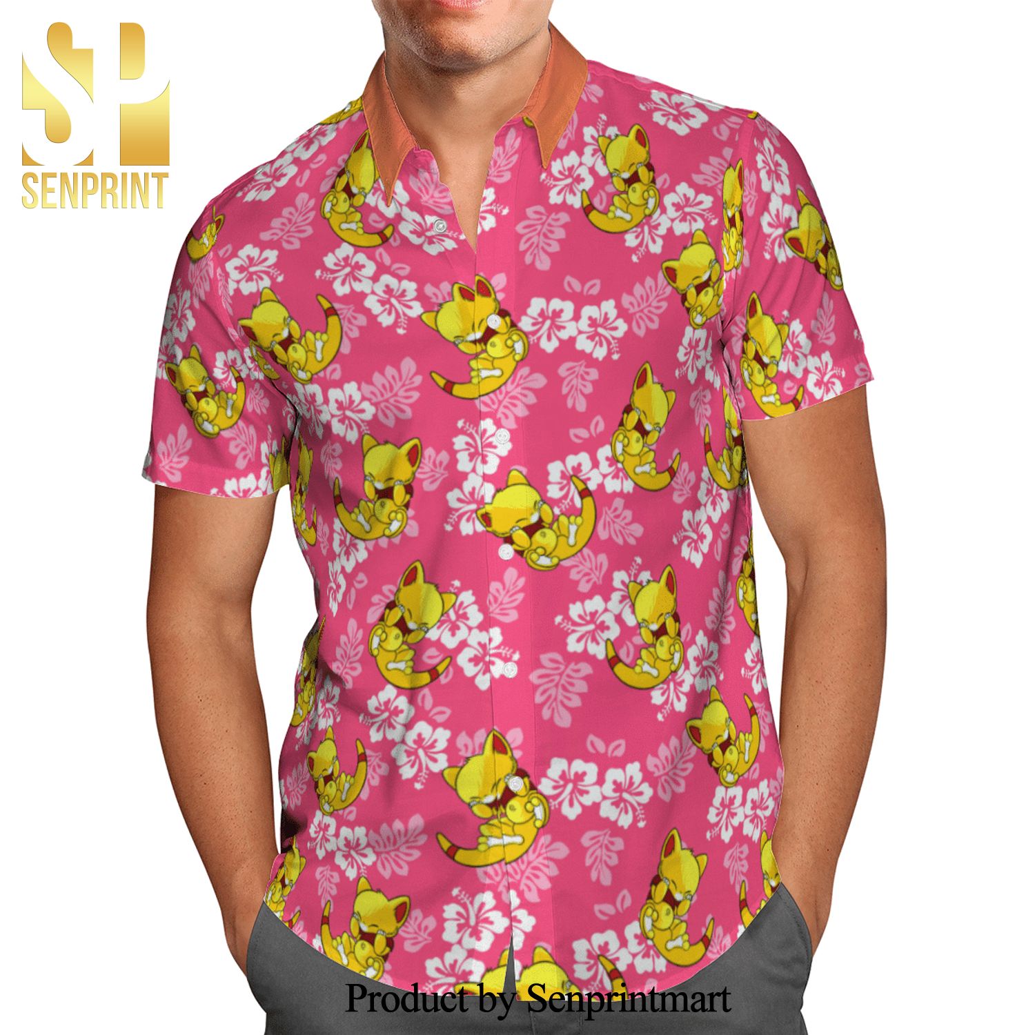 Pokemon Abra Tropical Hibiscus Full Printing Hawaiian Shirt – Pink