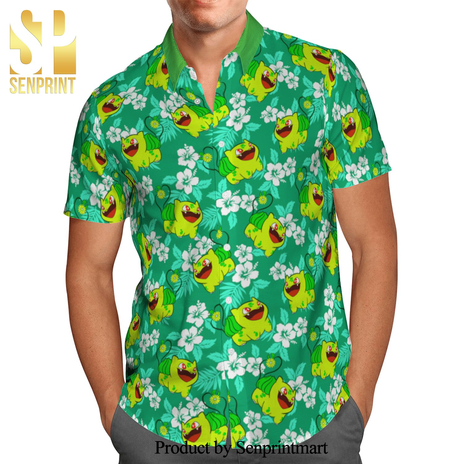Pokemon Bulbasaur Tropical Hibiscus Full Printing Hawaiian Shirt – Green