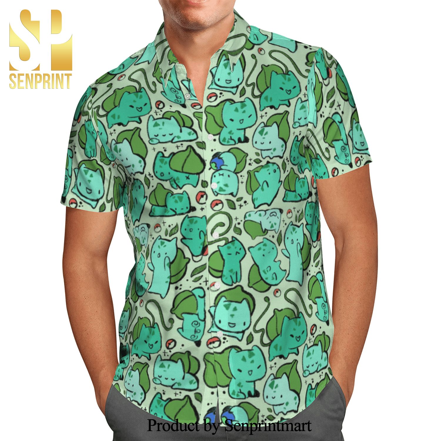 Pokemon Cute Bulbasaur Pattern Full Printing Hawaiian Shirt – Green