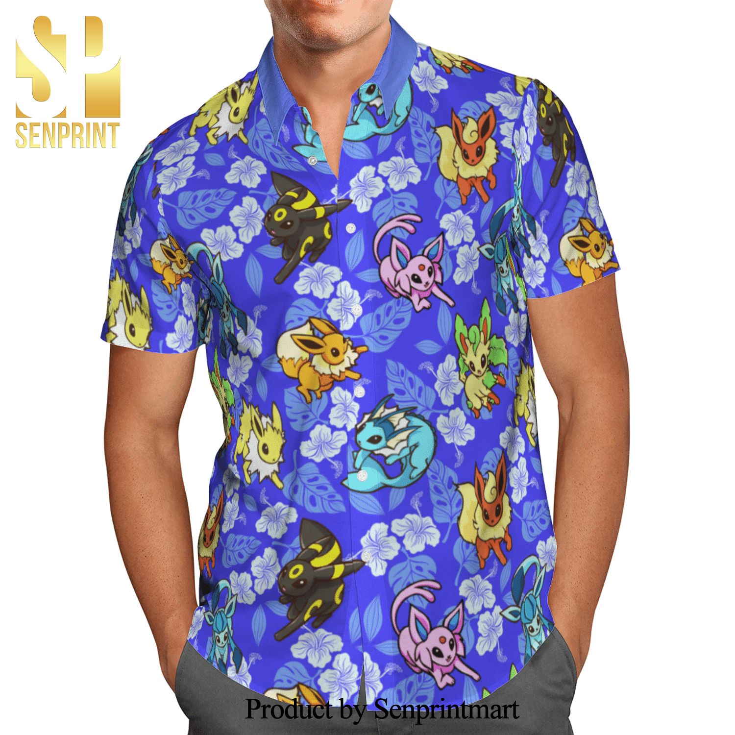 Pokemon Eevee Evolution Tropical Hibiscus Full Printing Hawaiian Shirt – Blue