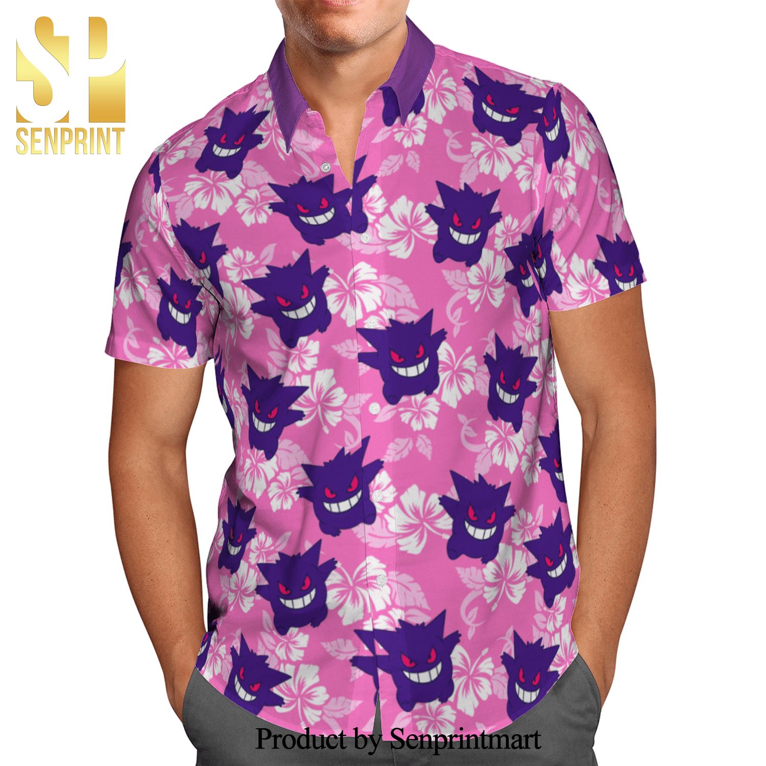 Pokemon Gengar Tropical Hibiscus Full Printing Hawaiian Shirt – Pink