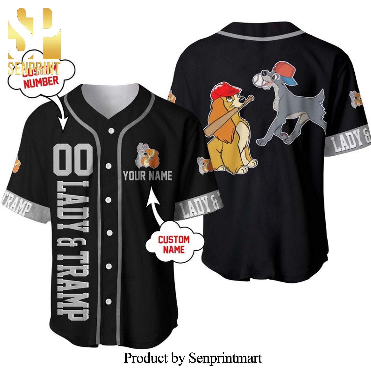 Personalized Lady And The Tramp Dogs Disney Playing Baseball All Over Print Baseball Jersey – Black