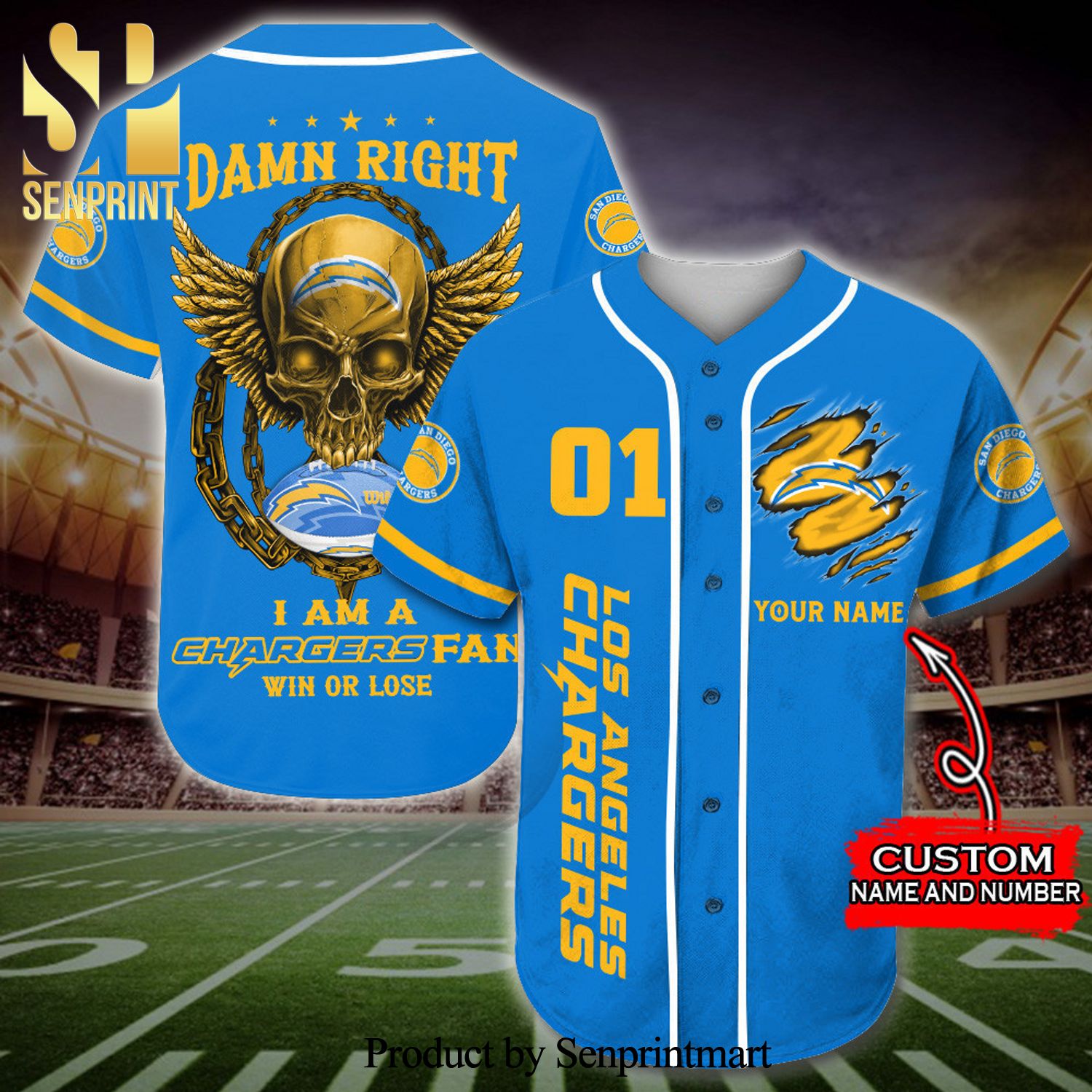 Personalized Los Angeles Chargers Damn Right Skull Full Printing