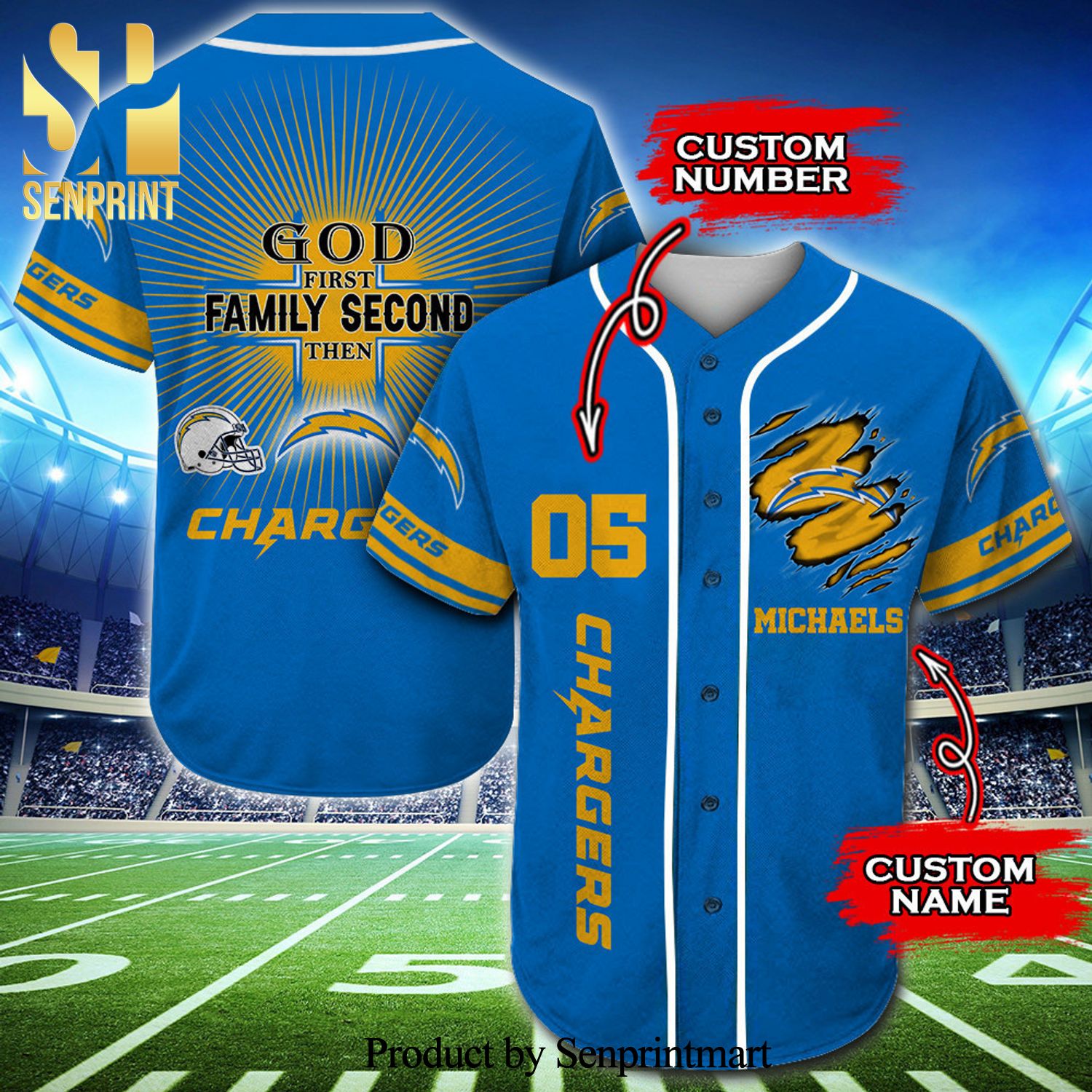 Personalized Los Angeles Chargers God First Family Second Full Printing Baseball Jersey