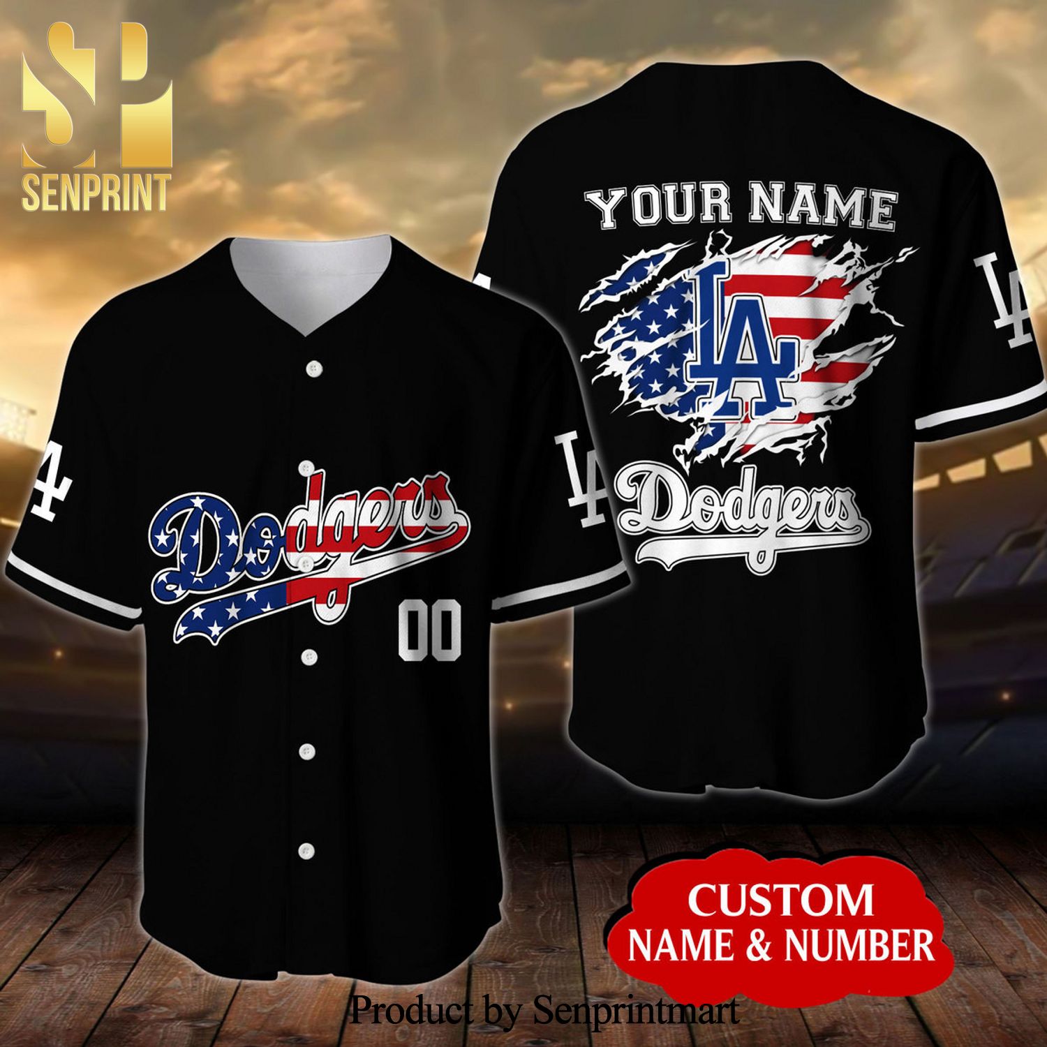 Personalized Los Angeles Dodgers USA Flag All Over Print Unisex Baseball Jersey – Black
