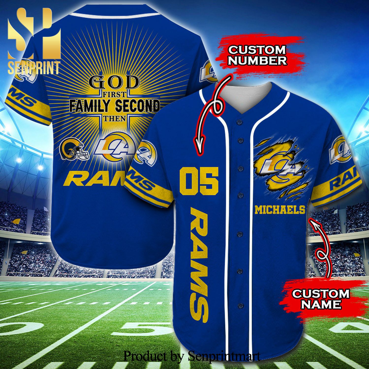 Personalized Los Angeles Rams God First Family Second Full Printing Baseball Jersey