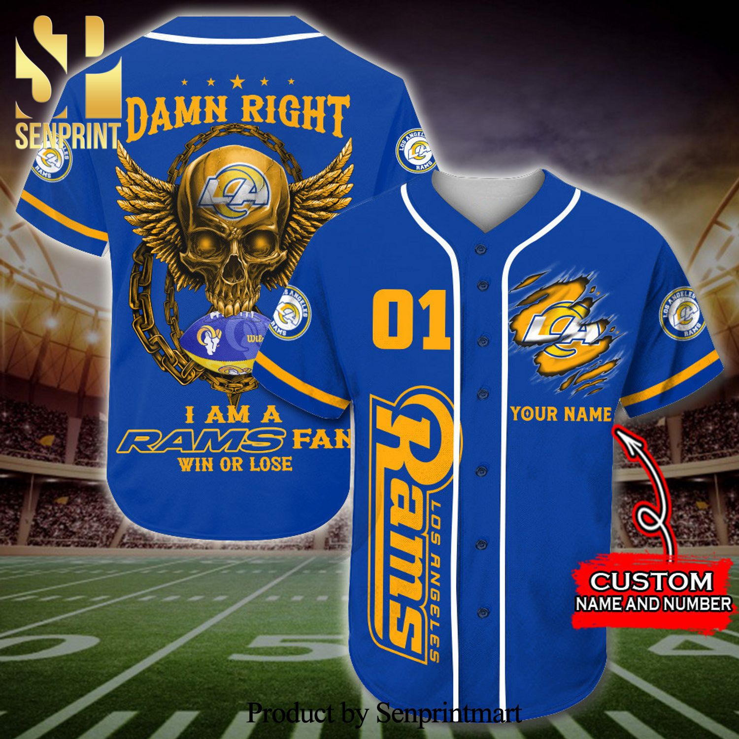 Personalized Los Angeles Rams Skull Damn Right Full Printing