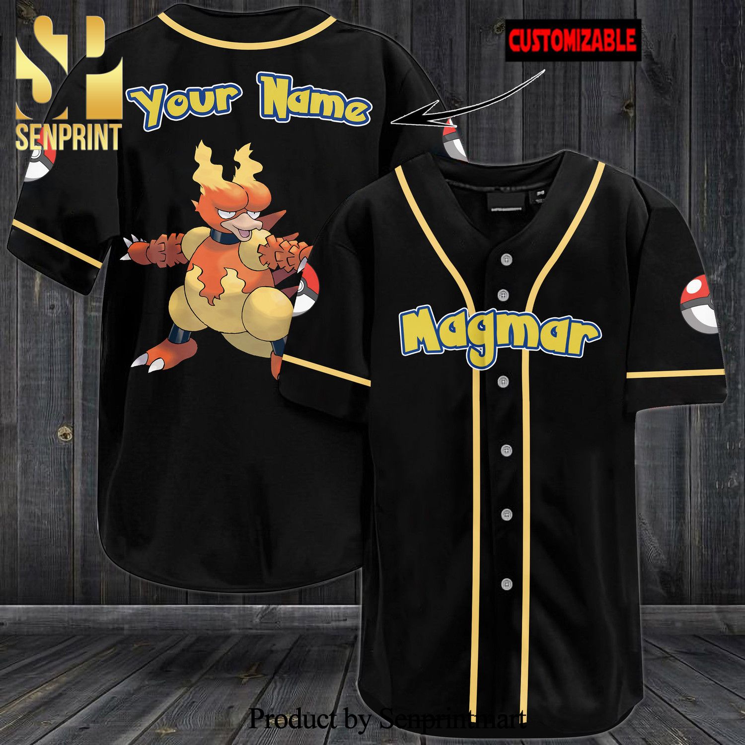 Personalized Magmar All Over Print Baseball Jersey – Black