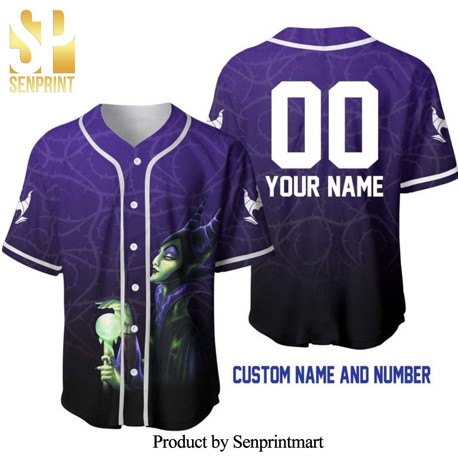 Personalized Maleficent All Over Print Baseball Jersey – Ombre Purple Black