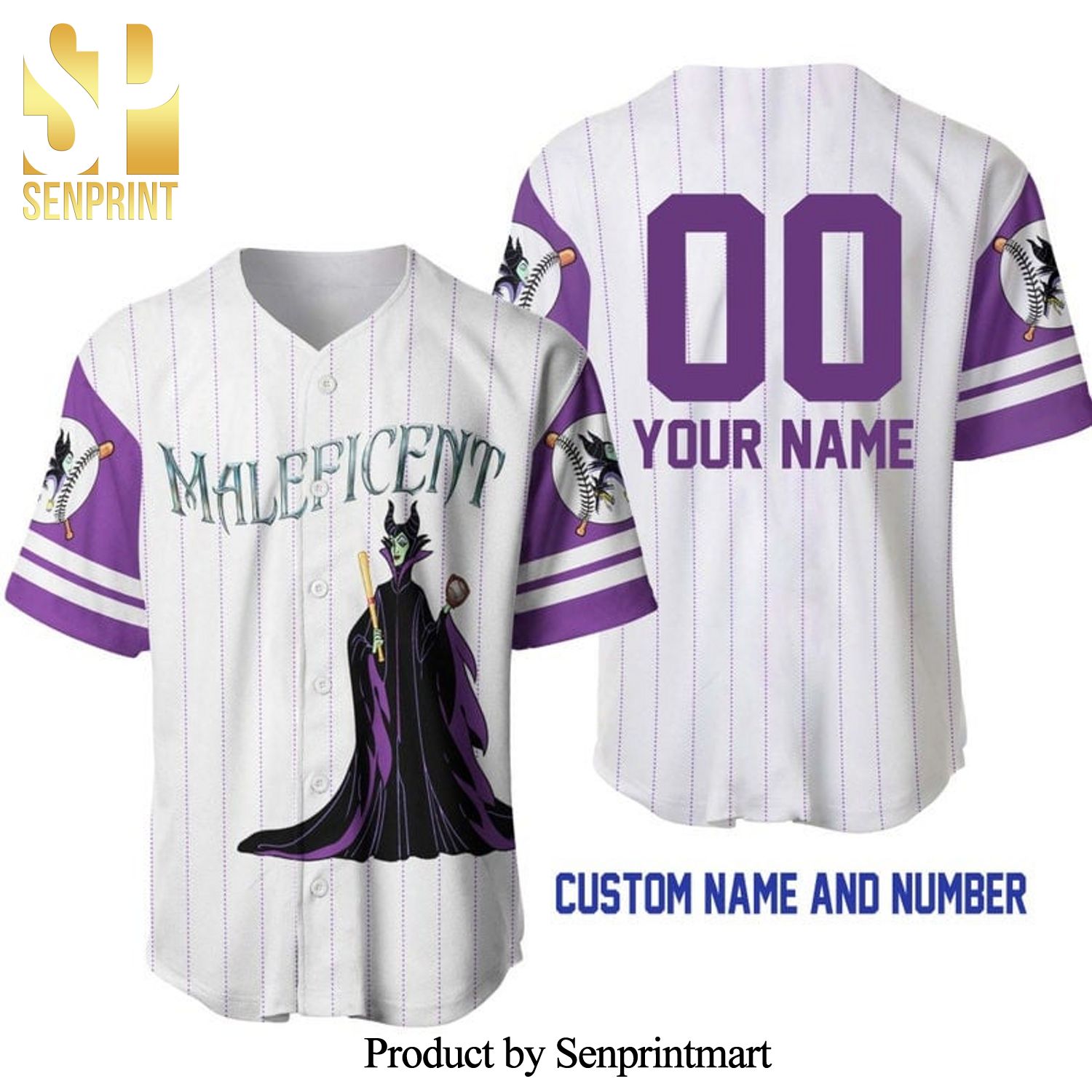 Personalized Maleficent All Over Print Pinstripe Baseball Jersey – White