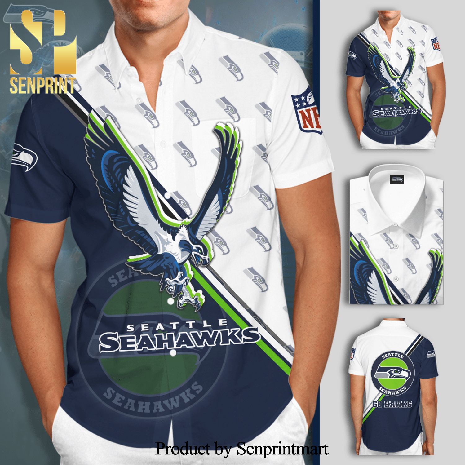 Seattle Seahawks Logo Full Printing Short Sleeve Dress Shirt Hawaiian Summer Aloha Beach Shirt – Navy White