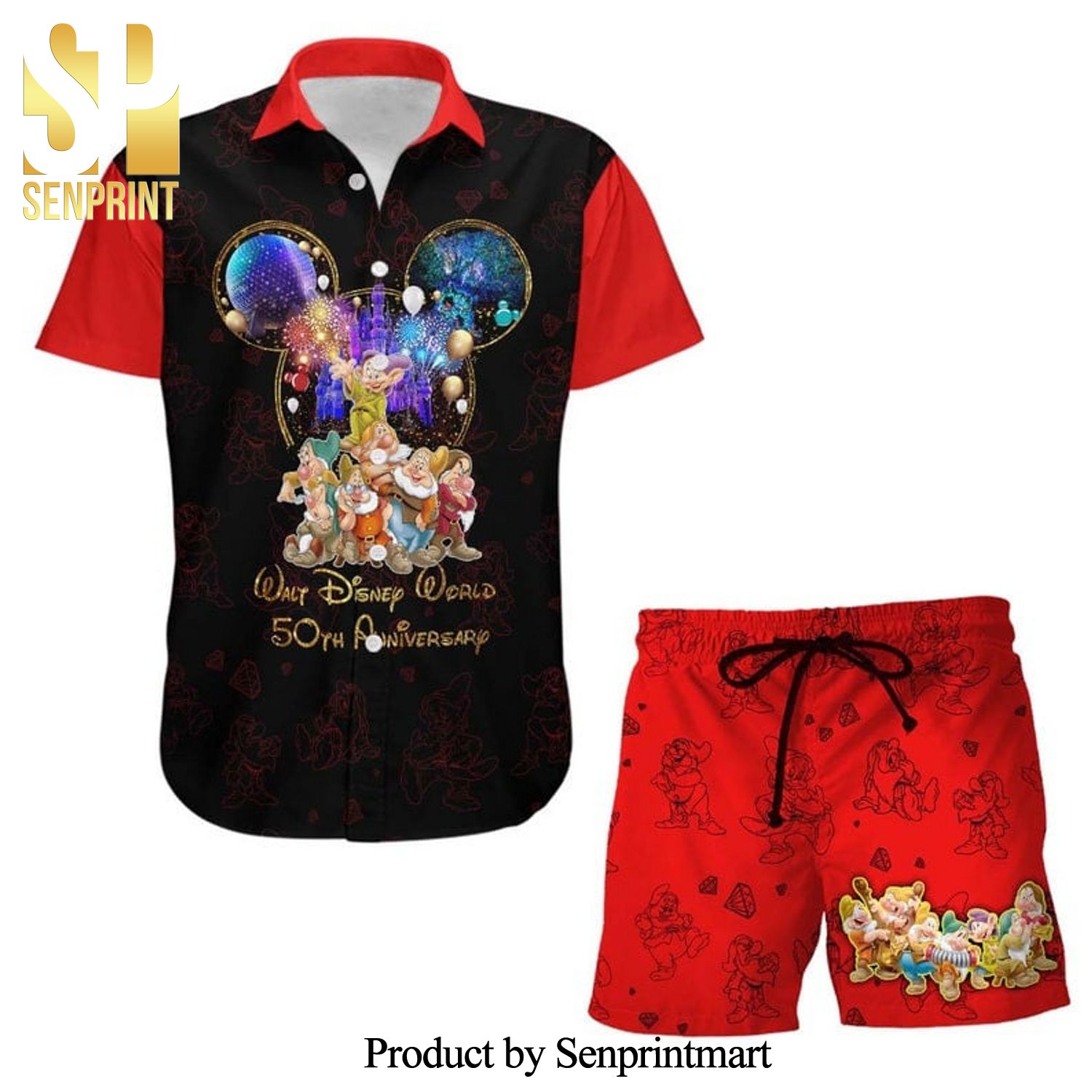 Seven Dwarfs 50th Anniversary Glitter Disney Castle Full Printing Combo Hawaiian Shirt And Beach Shorts – Black Red