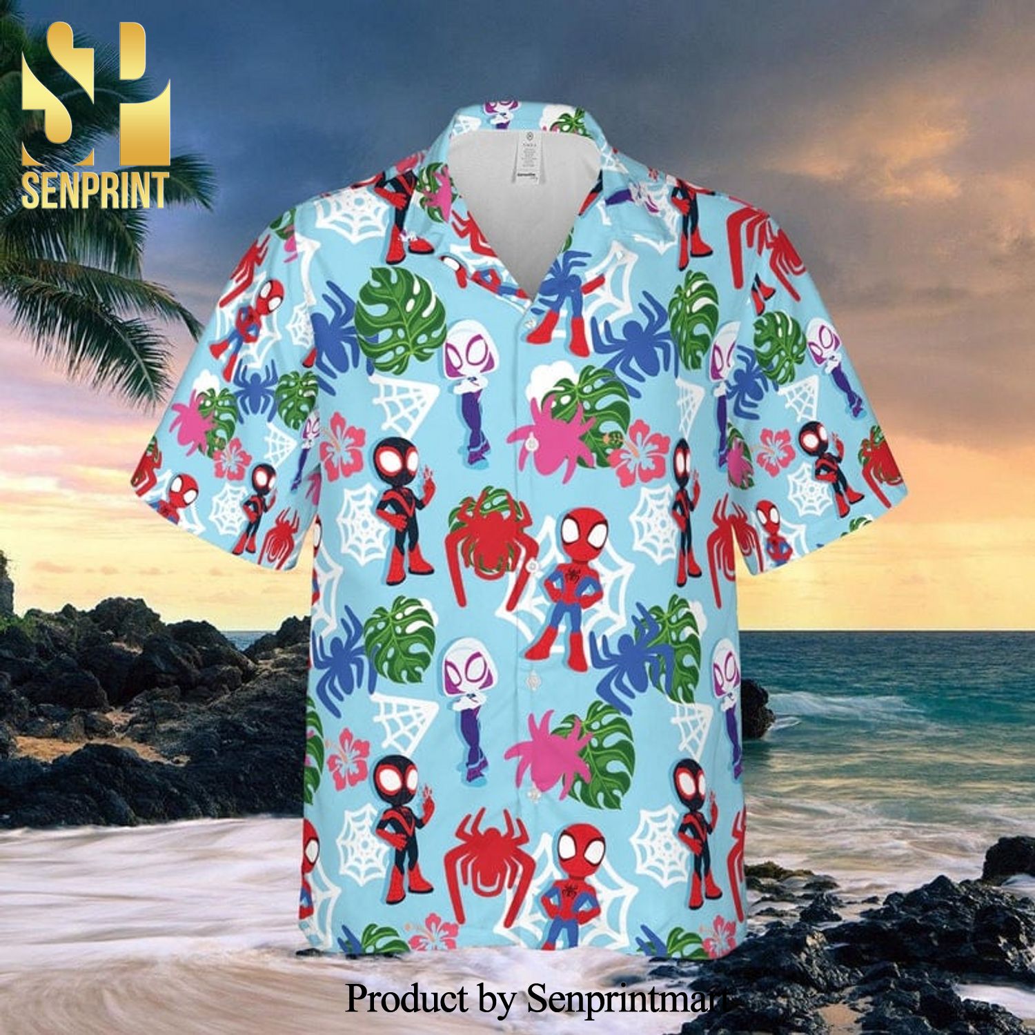 Spiderman Into The Spider-Verse Chibi Full Printing Hawaiian Shirt – Blue