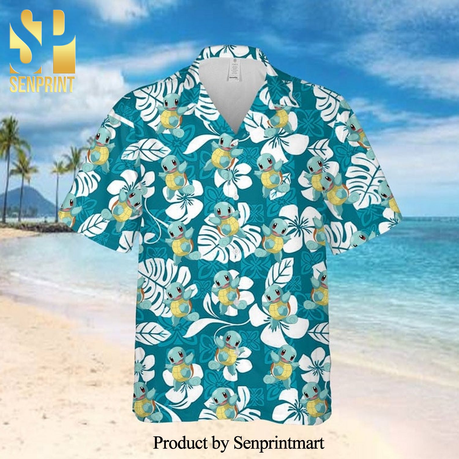 Squirtle Pokemon Floral Pattern Full Printing Hawaiian Shirt – Teal