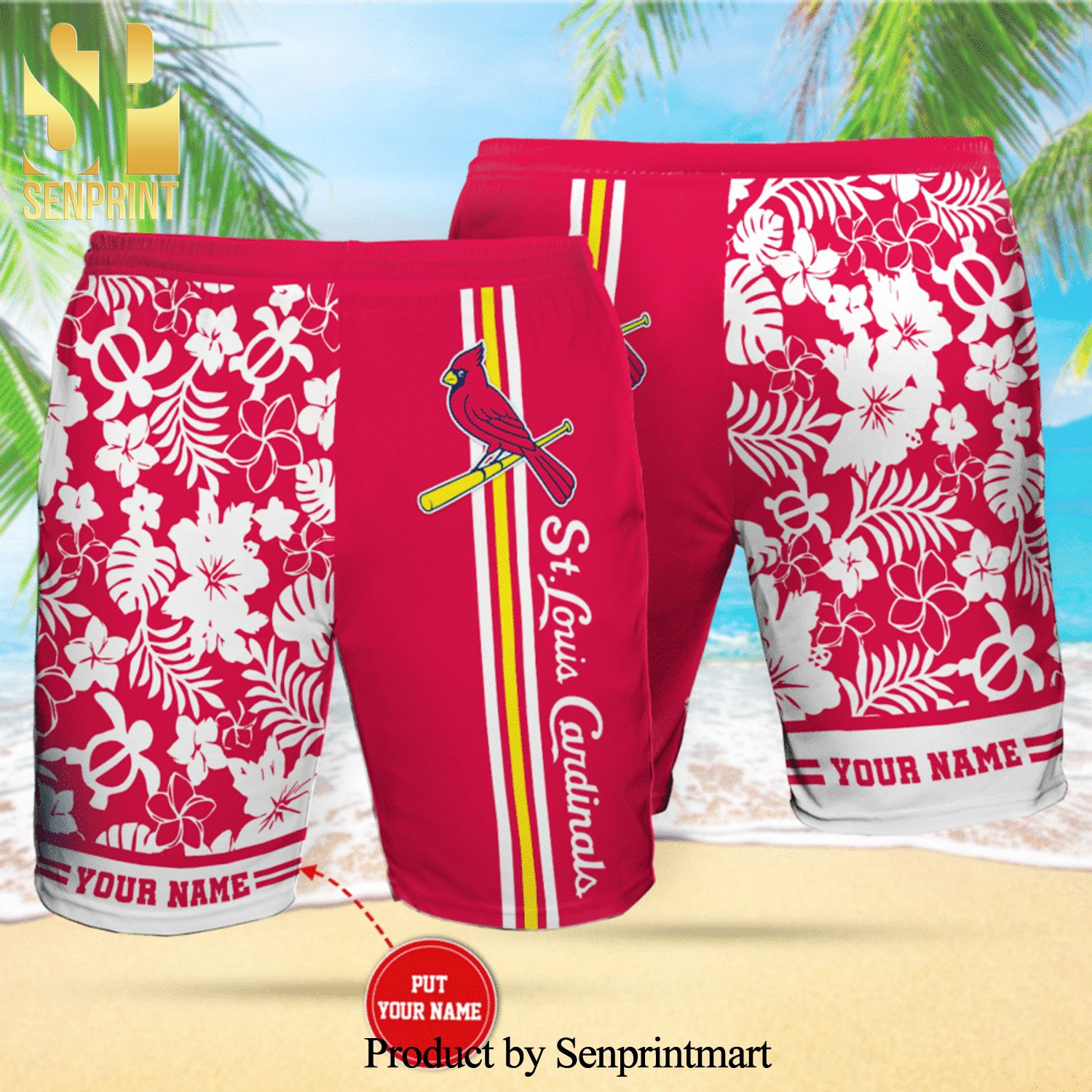 St Louis Cardinals Full Printing Flowery Summer Beach Shorts – Red