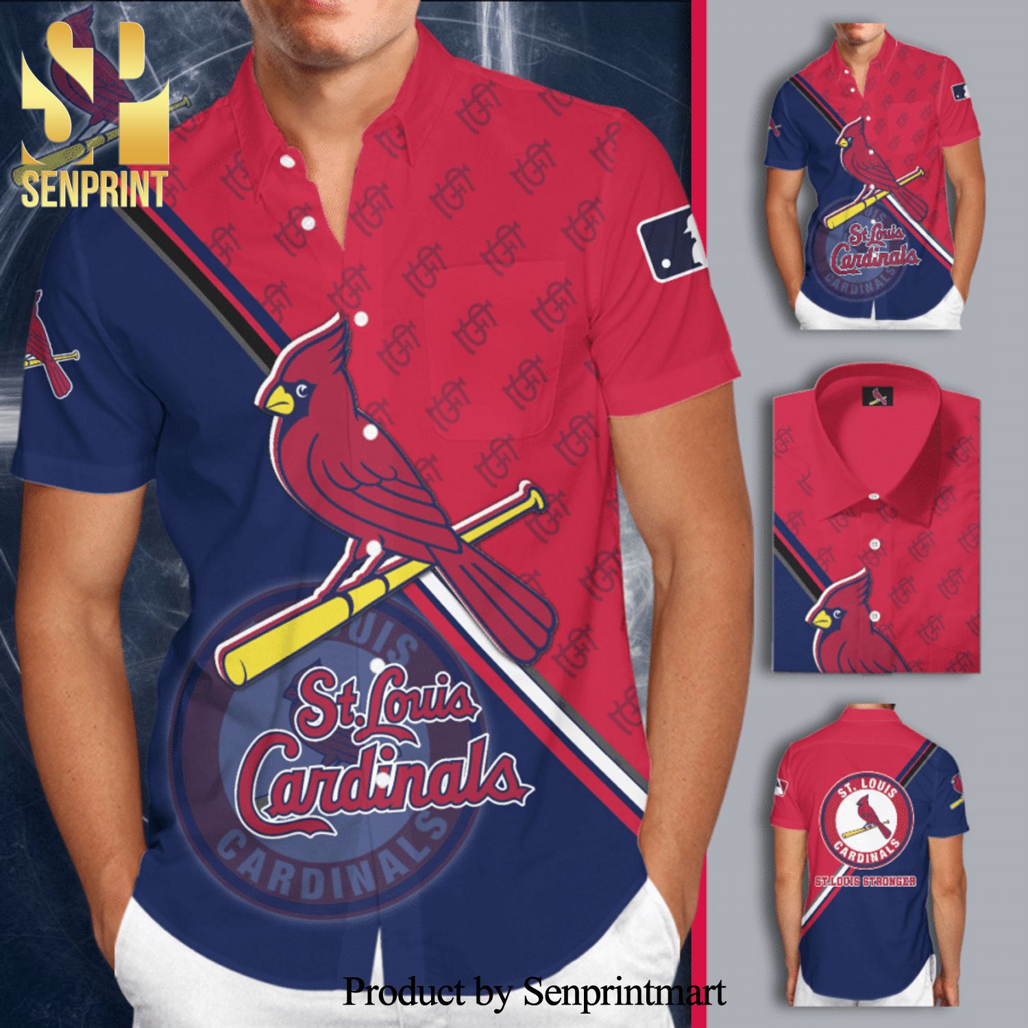 St Louis Cardinals Full Printing Short Sleeve Dress Shirt Hawaiian Summer Aloha Beach Shirt – Blue Red