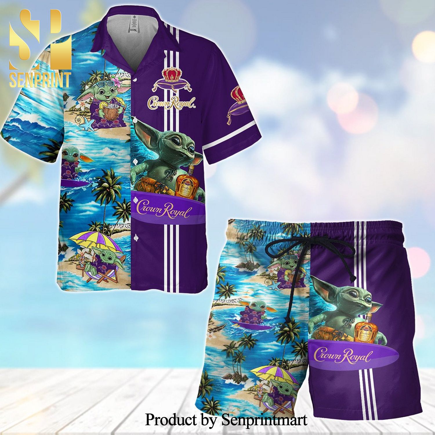 Star Wars Baby Yoda Surfing Crown Royal Full Printing Aloha Summer Beach Hawaiian Shirt And Beach Shorts – Blue Purple