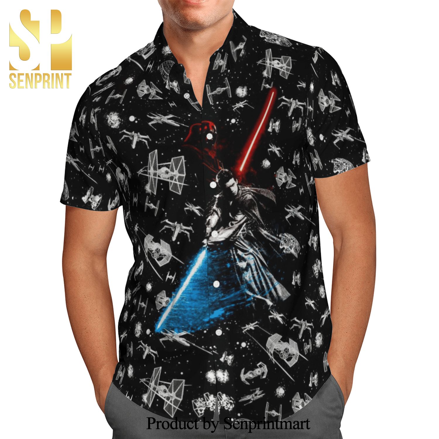 Star Wars Darth Vade Vs Kylo Ren Spaceship Pattern Full Printing Hawaiian Shirt – Black