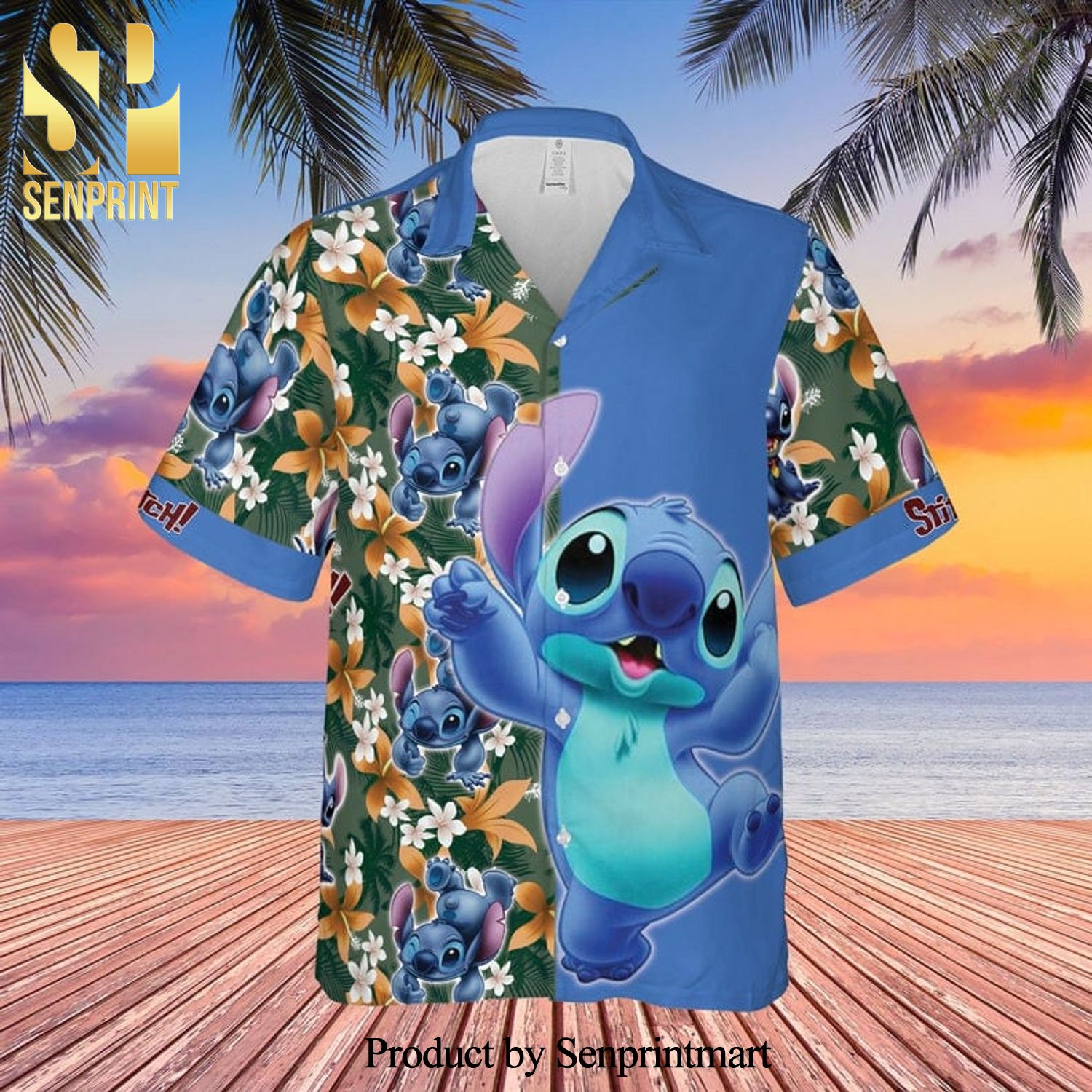 Stitch Disney Cartoon Graphics Floral Pattern Full Printing Hawaiian Shirt – Blue