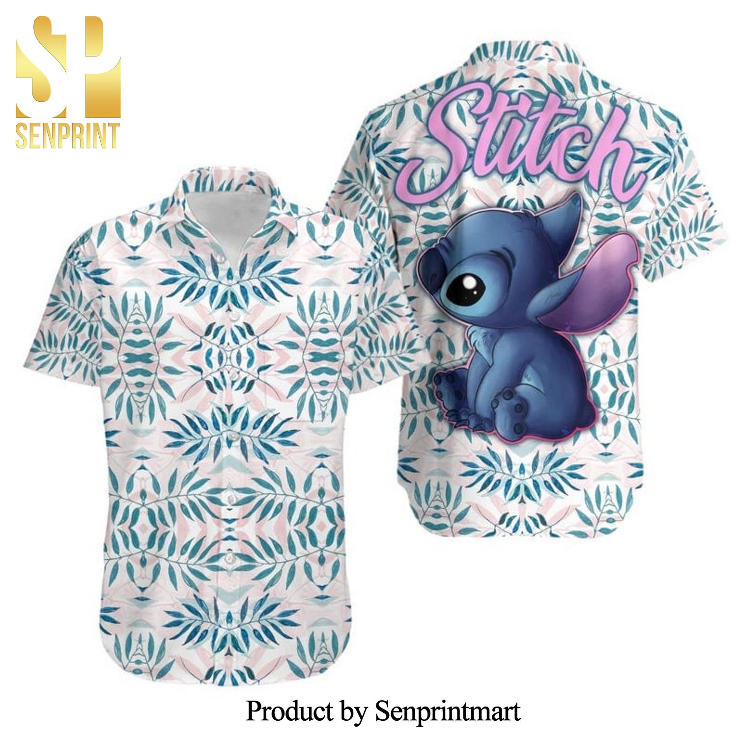 Stitch Disney Leaf Floral Pattern Full Printing Hawaiian Shirt – White