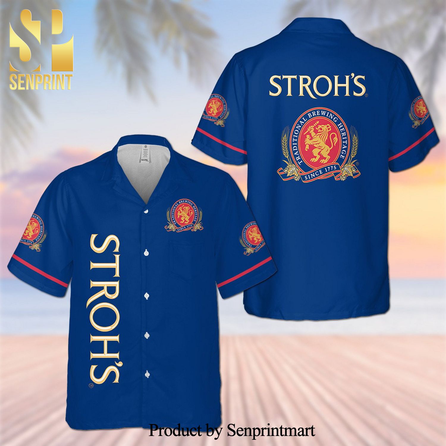 Stroh’s Beer Full Printing Flower Aloha Summer Beach Hawaiian Shirt – Blue