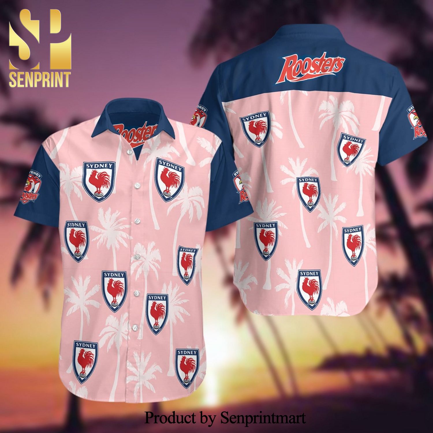 Sydney Roosters Full Printing Summer Short Sleeve Hawaiian Beach Shirt – Light Pink