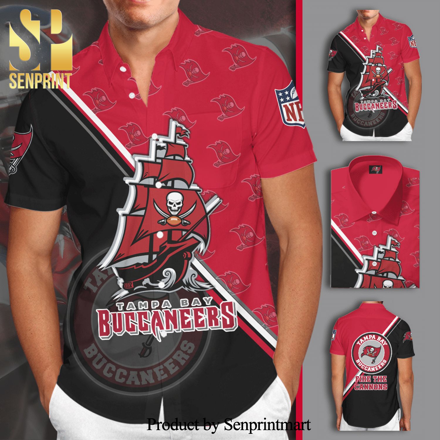 Tampa Bay Buccaneers Logo Full Printing Short Sleeve Dress Shirt Hawaiian Summer Aloha Beach Shirt – Black Red