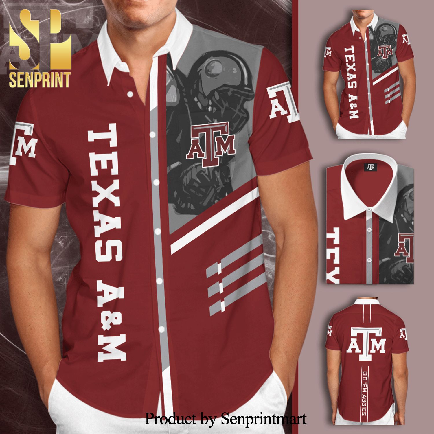 Texas A&M Aggies Full Printing Short Sleeve Dress Shirt Hawaiian Summer Aloha Beach Shirt – Garnet