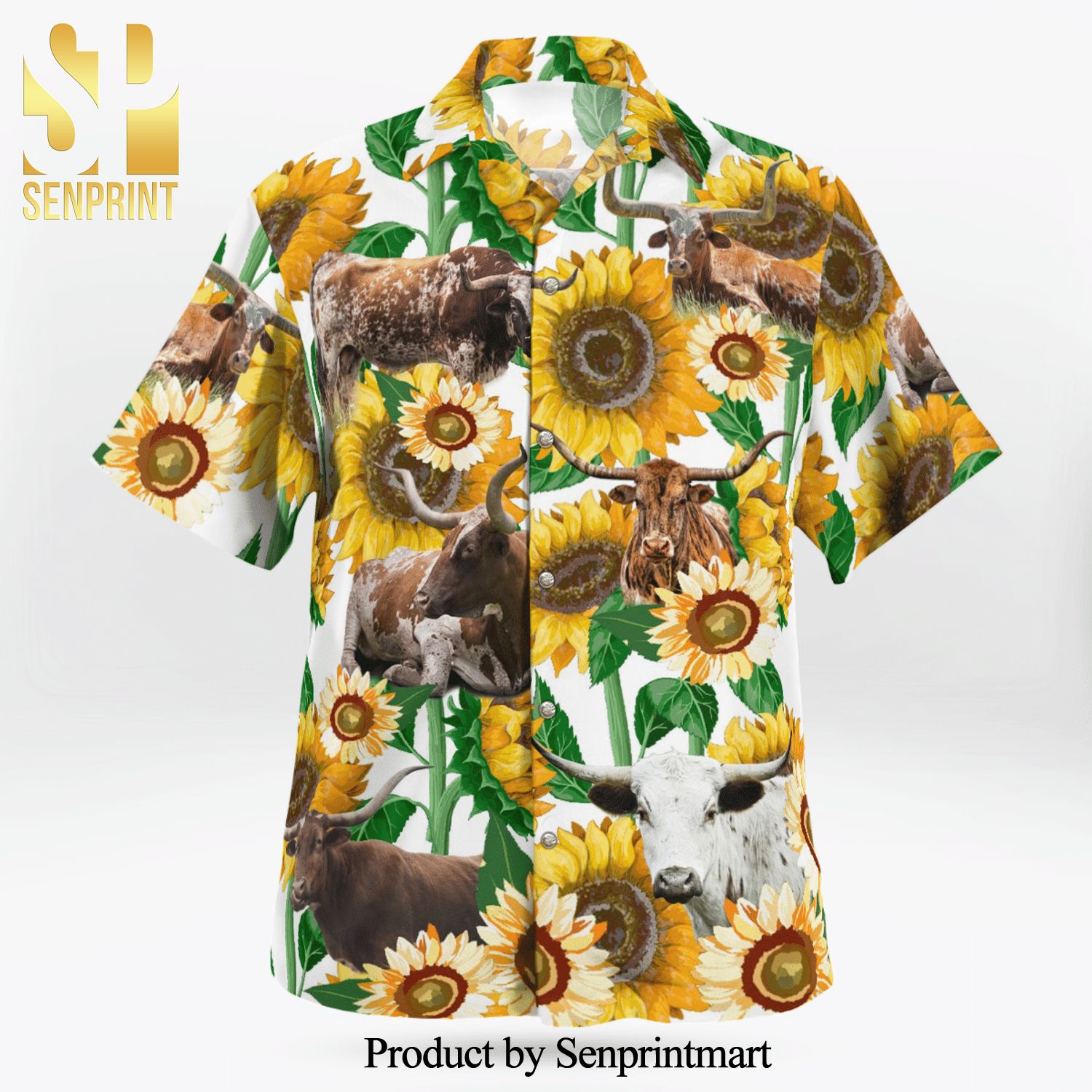Texas Longhorn Cattle Sunflower Full Printing Aloha Summer Beach Hawaiian Shirt