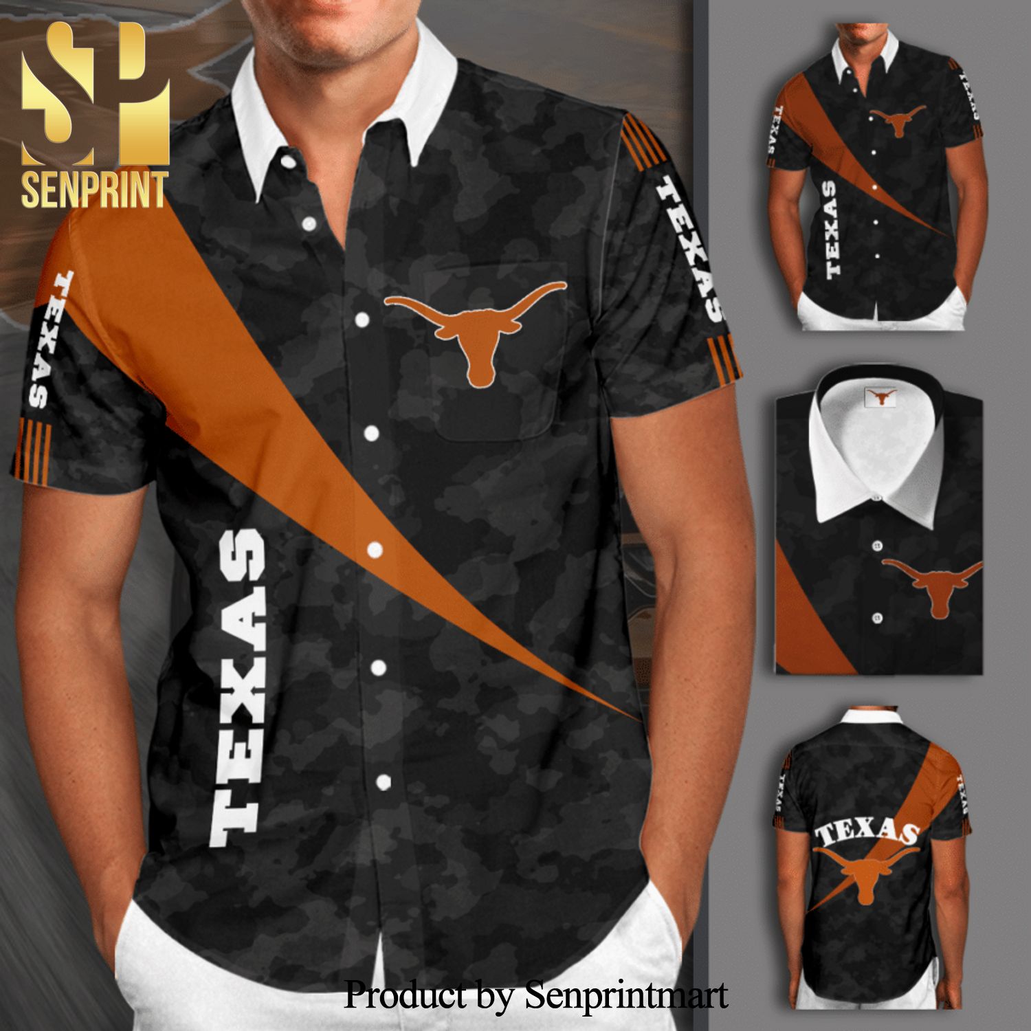 Texas Longhorns Full Printing Camo Short Sleeve Dress Shirt Hawaiian Summer Aloha Beach Shirt – Black