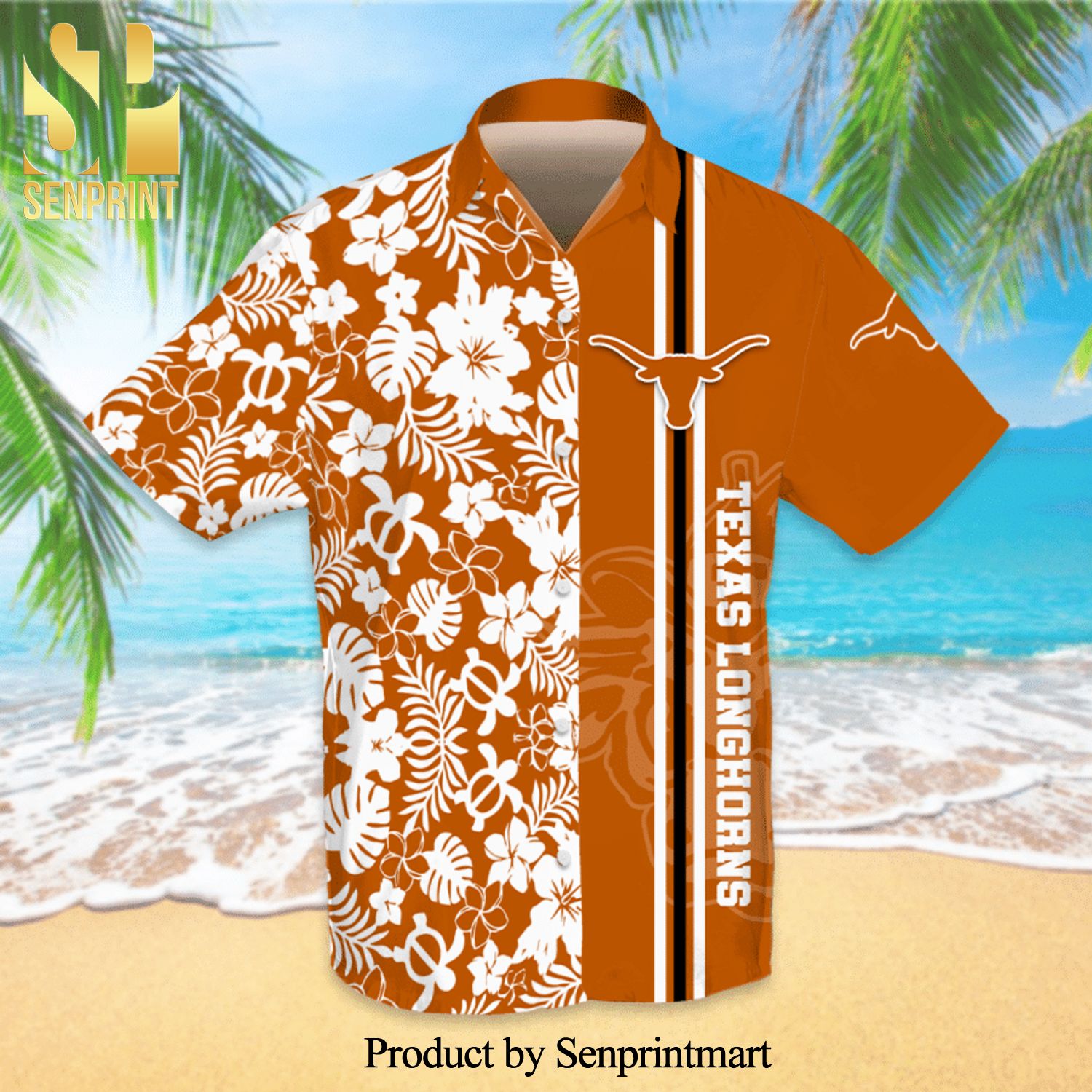 Texas Longhorns Full Printing Flowery Short Sleeve Dress Shirt Hawaiian Summer Aloha Beach Shirt – Orange