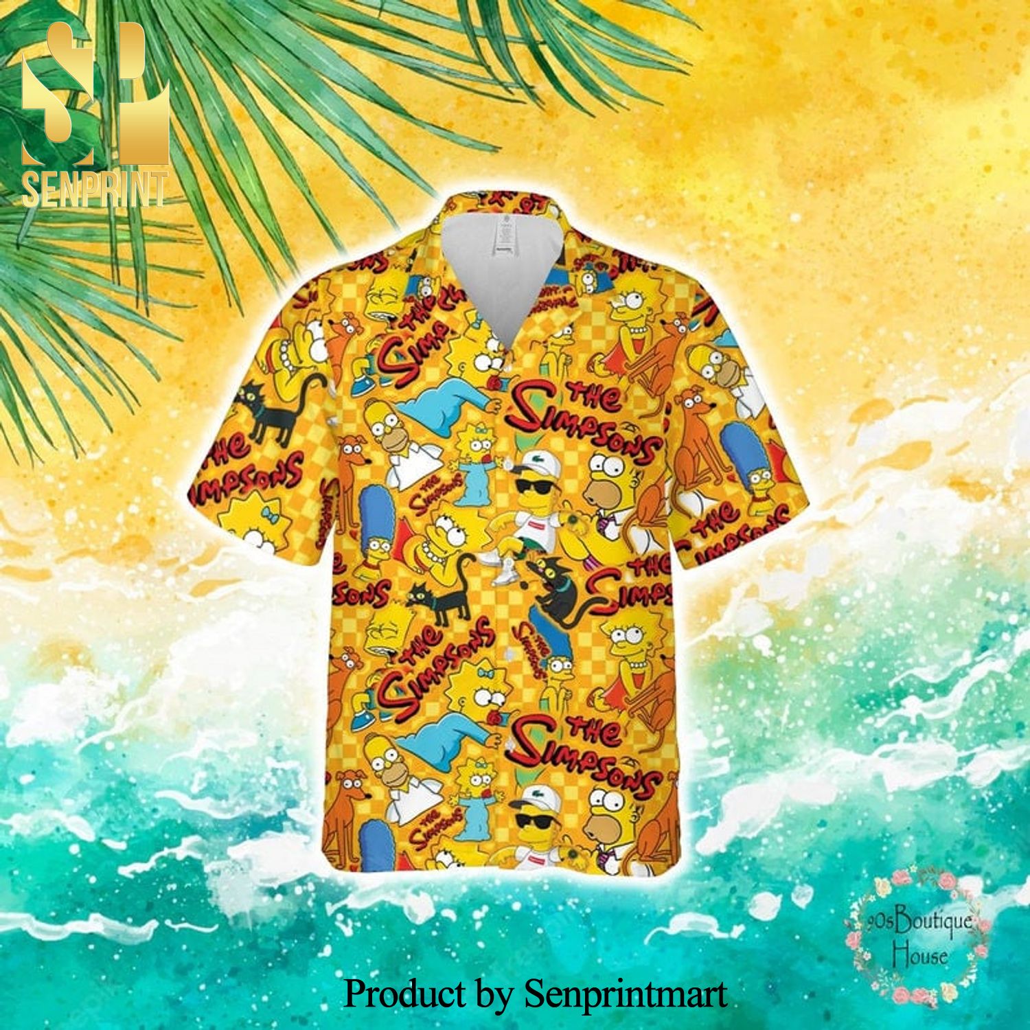 The Simpsons Family Checkered Pattern Full Printing Hawaiian Shirt – Yellow