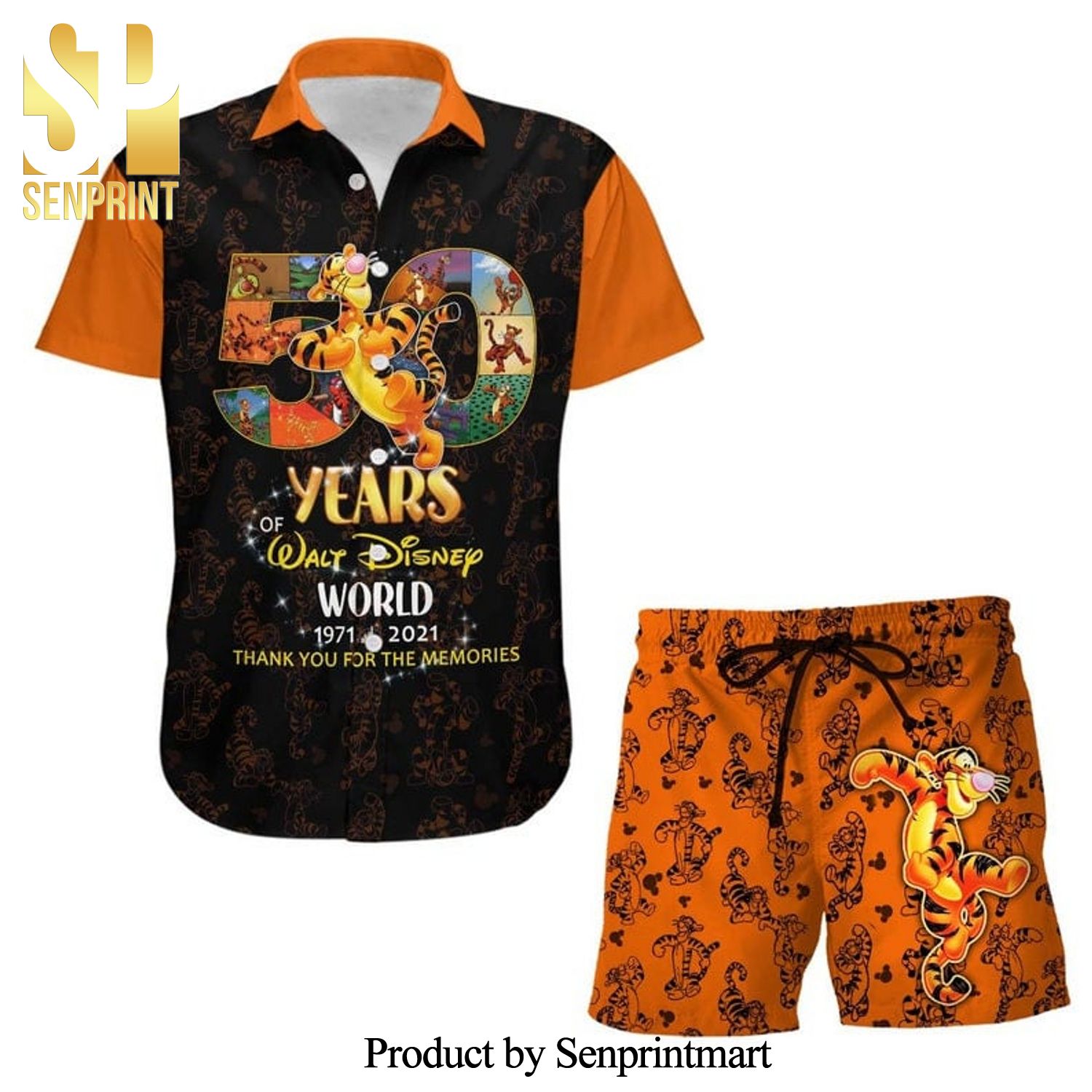 Tigger 50th Anniversary Glitter Disney Castle Full Printing Combo Hawaiian Shirt And Beach Shorts – Black Orange