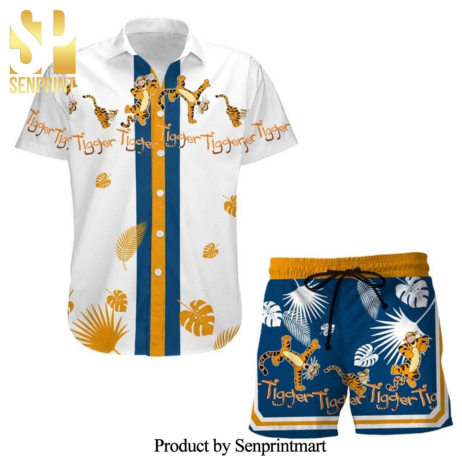 Tigger Winnie The Pooh Tropical Leaf Full Printing Combo Hawaiian Shirt And Beach Shorts – White Blue