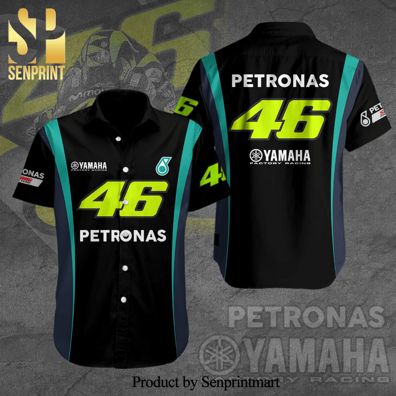 Valentino Rossi VR46 Yamaha Factory MotoGP Racing Full Printing Short Sleeve Dress Shirt Hawaiian Summer Aloha Beach Shirt – Black