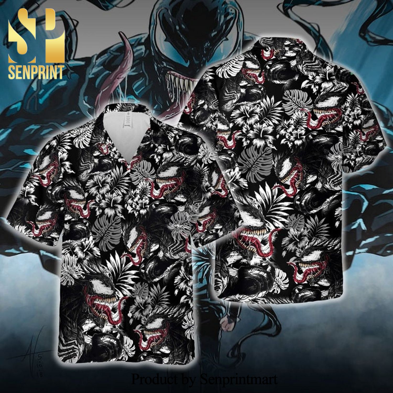 Venom Marvel Hibiscus Full Printing Hawaiian Shirt – Black