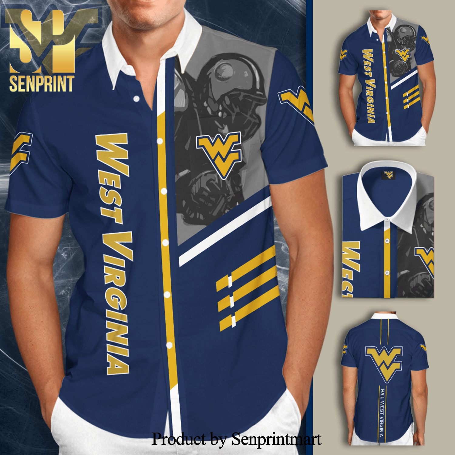 West Virginia Mountaineers Hail West Virginia Full Printing Short Sleeve Dress Shirt Hawaiian Summer Aloha Beach Shirt – Navy