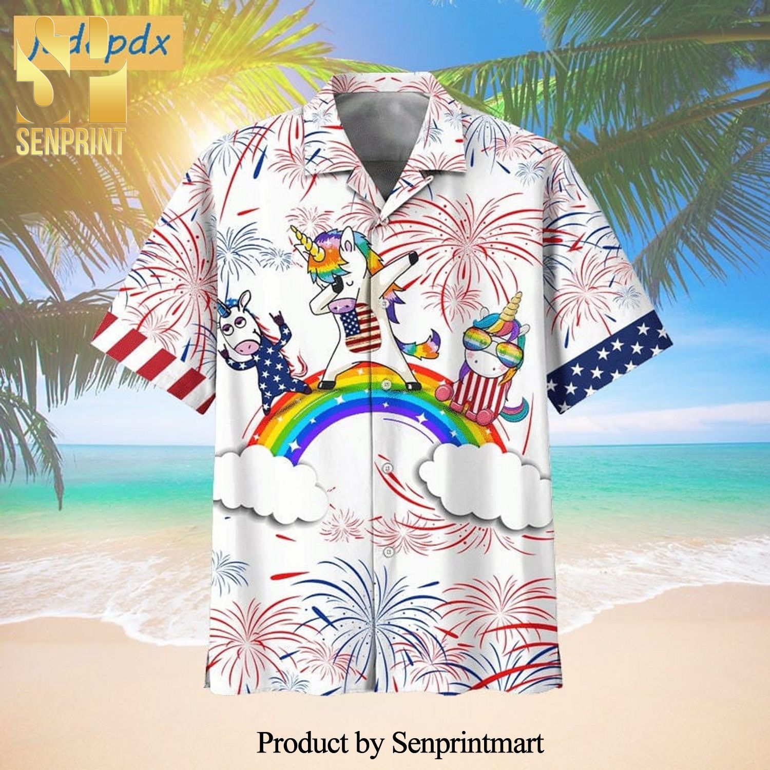 American Rainbow And Unicorn Cheering Firework Street Style Hawaiian Shirt