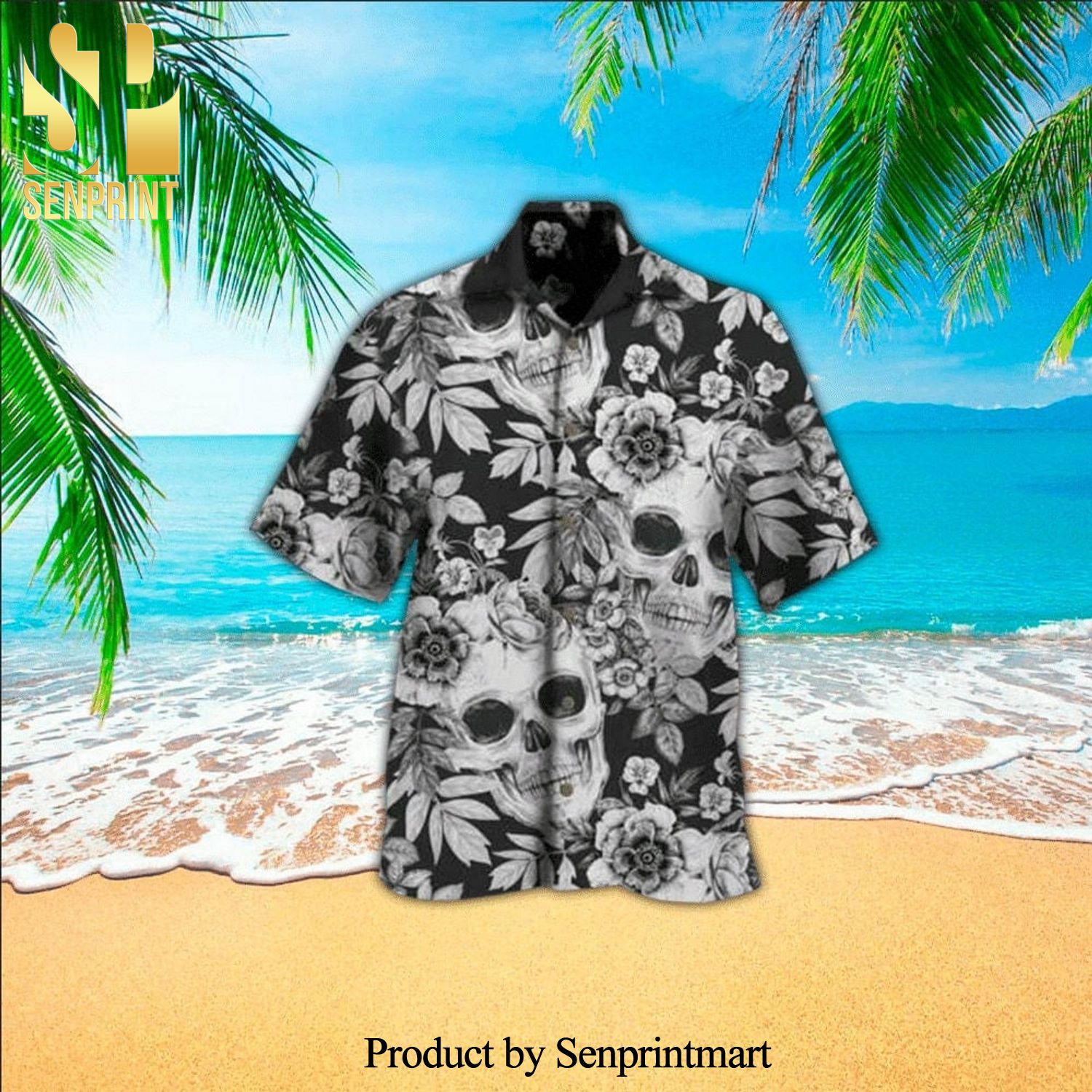 Black And White Floral Skull New Style Full Print Hawaiian Shirt