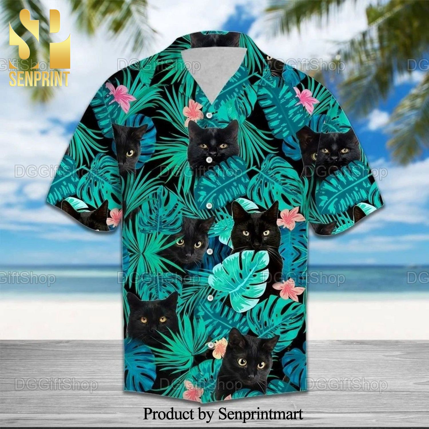 Black Cat All Over Print Hawaiian Shirt