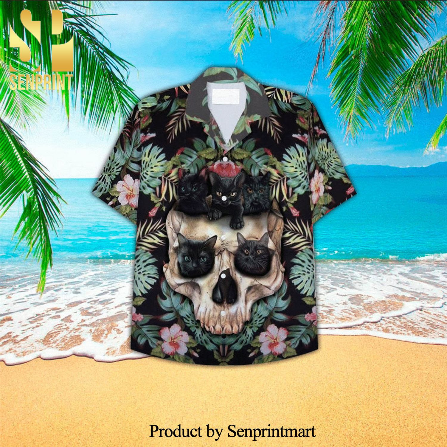 Black Cat Skull Tropical Street Style Hawaiian Shirt