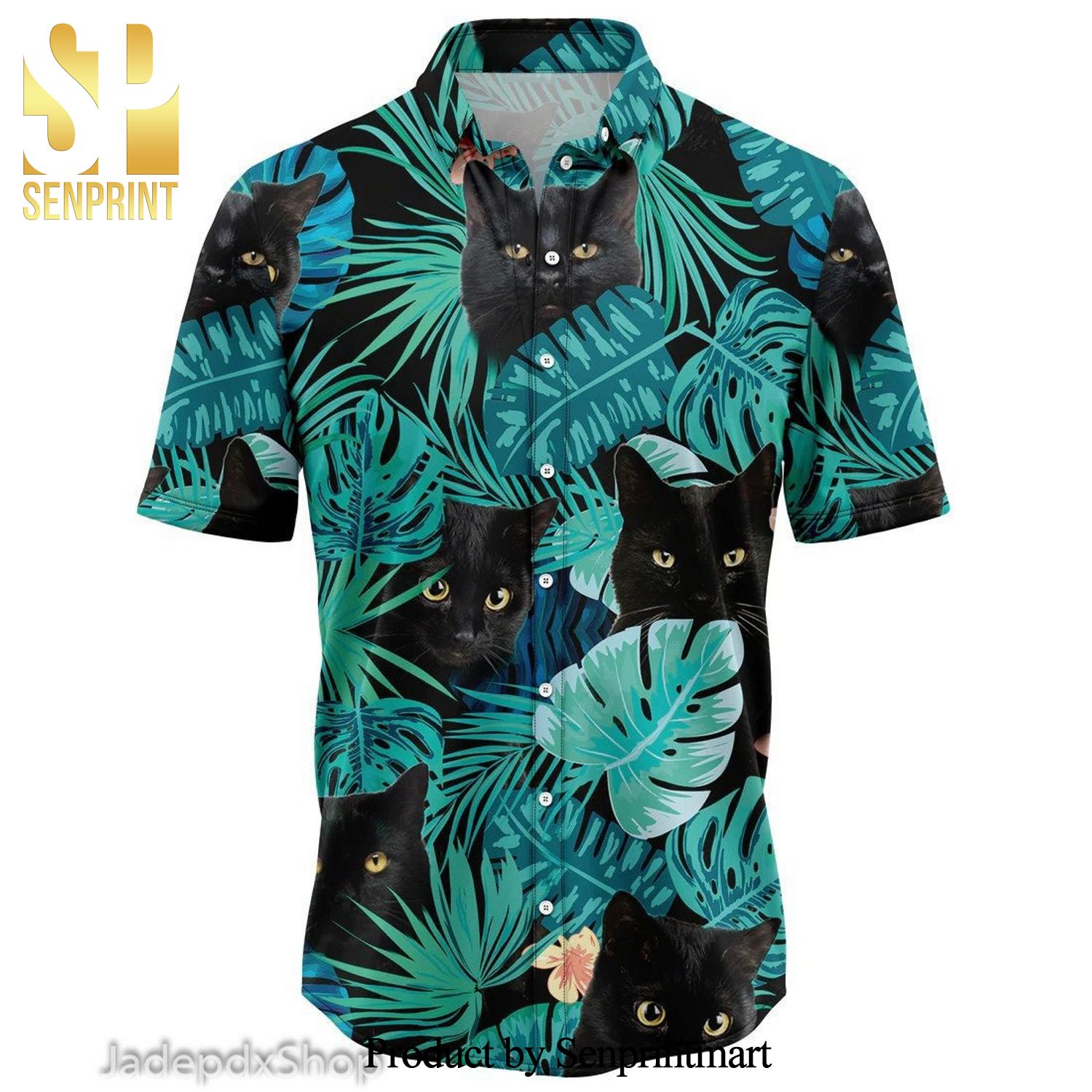 Black Cat Tropical All Over Printed Hawaiian Shirt