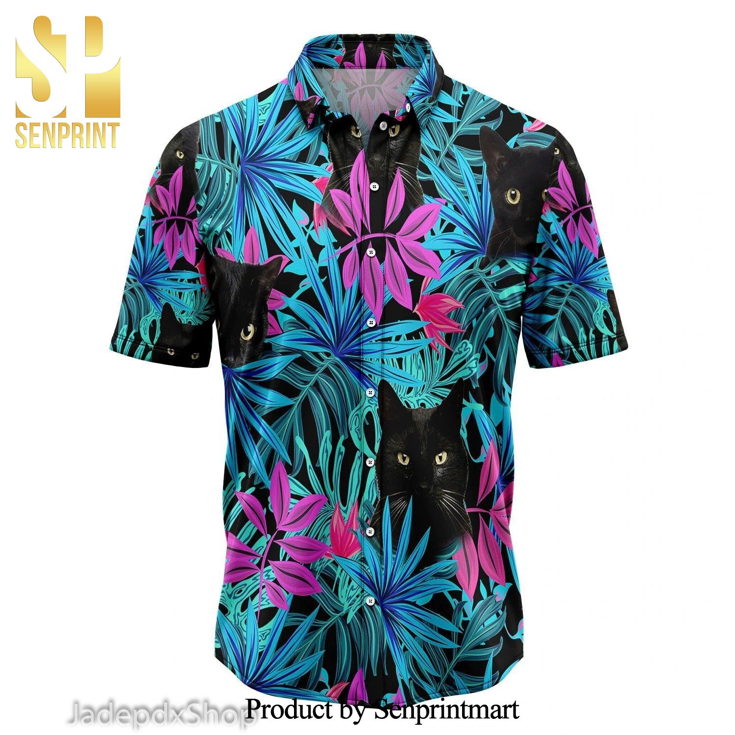 Black Cat Tropical Leaves For Holiday Hawaiian Shirt