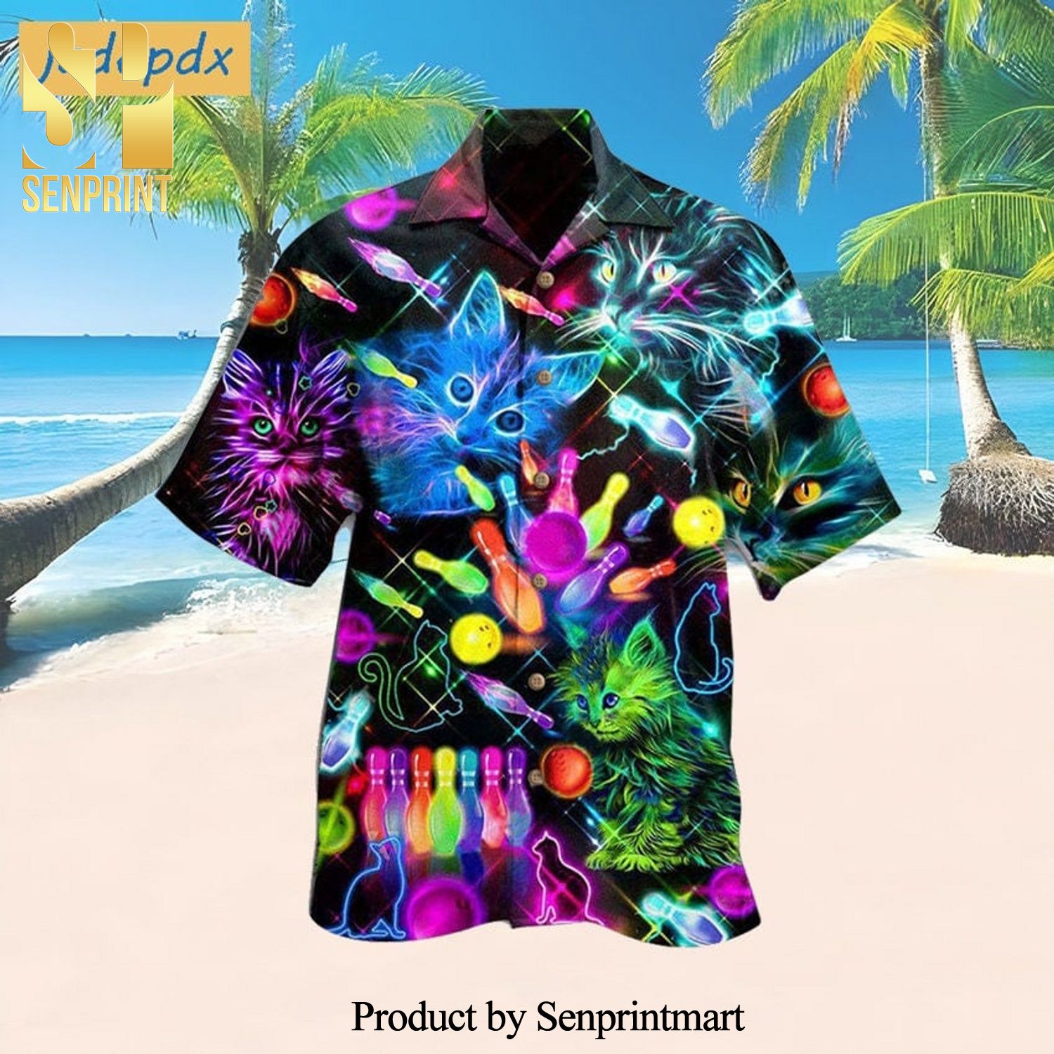 Bowling With Cats Neon All Over Printed Hawaiian Shirt